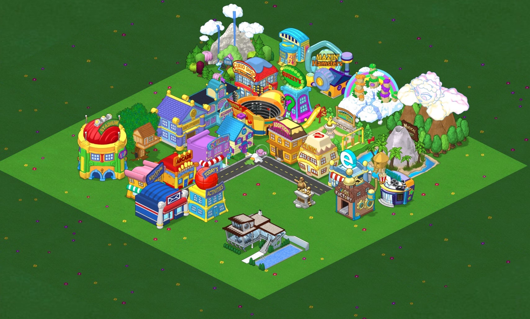 An above shot of Webkinz World, with various buildings 