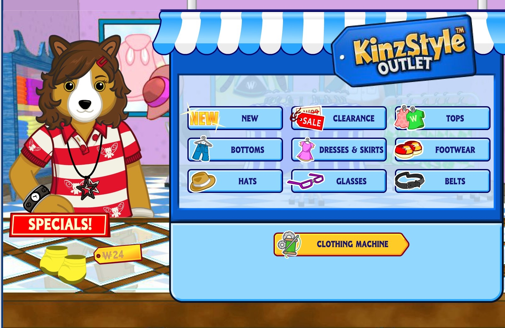 A dog character sells clothing and accessories at the KinzStyle Outlet