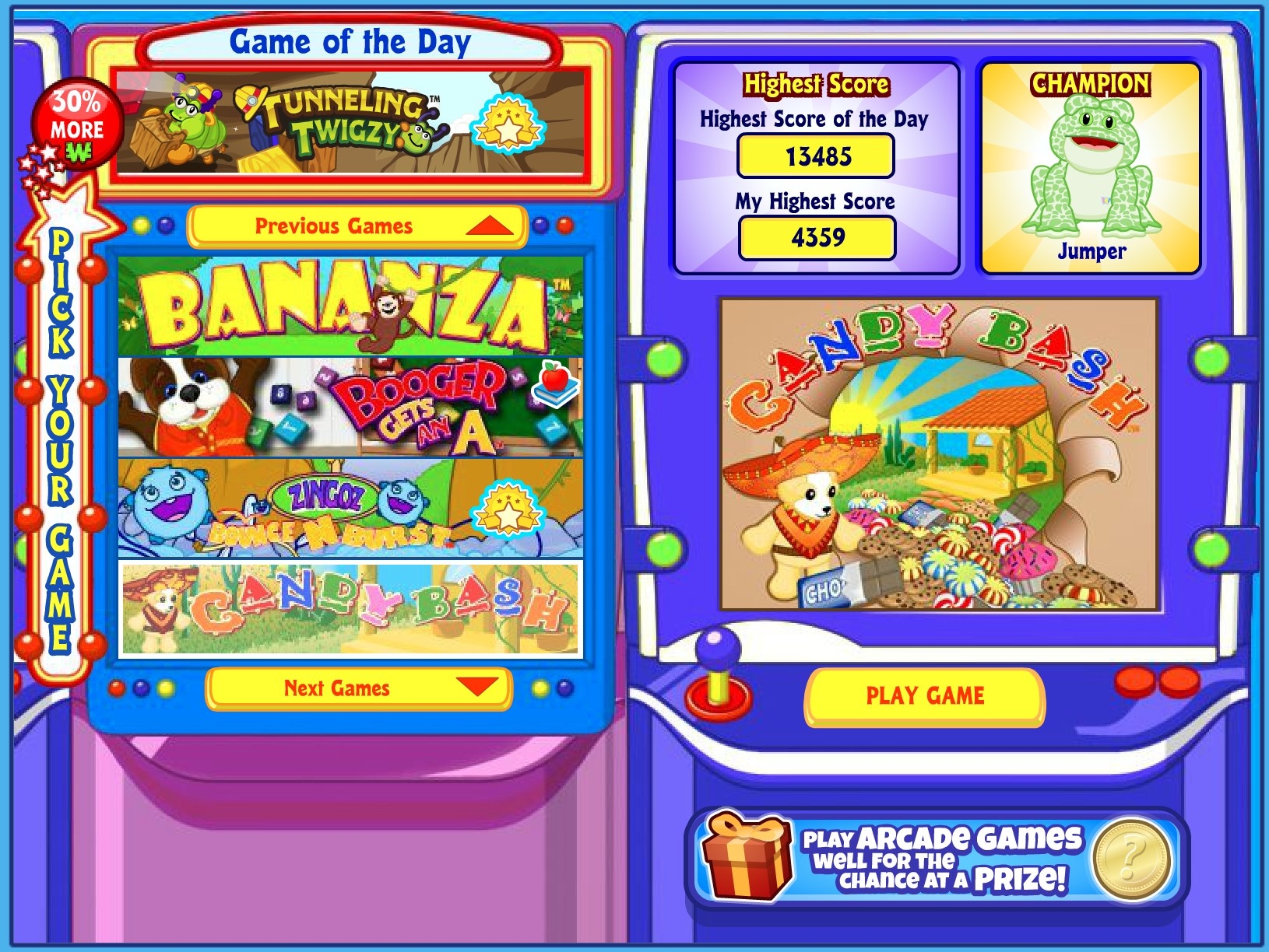 A screenshot of the Webkinz Arcade, including rh games Bananza, Booger Gets an A, and Candy Bash