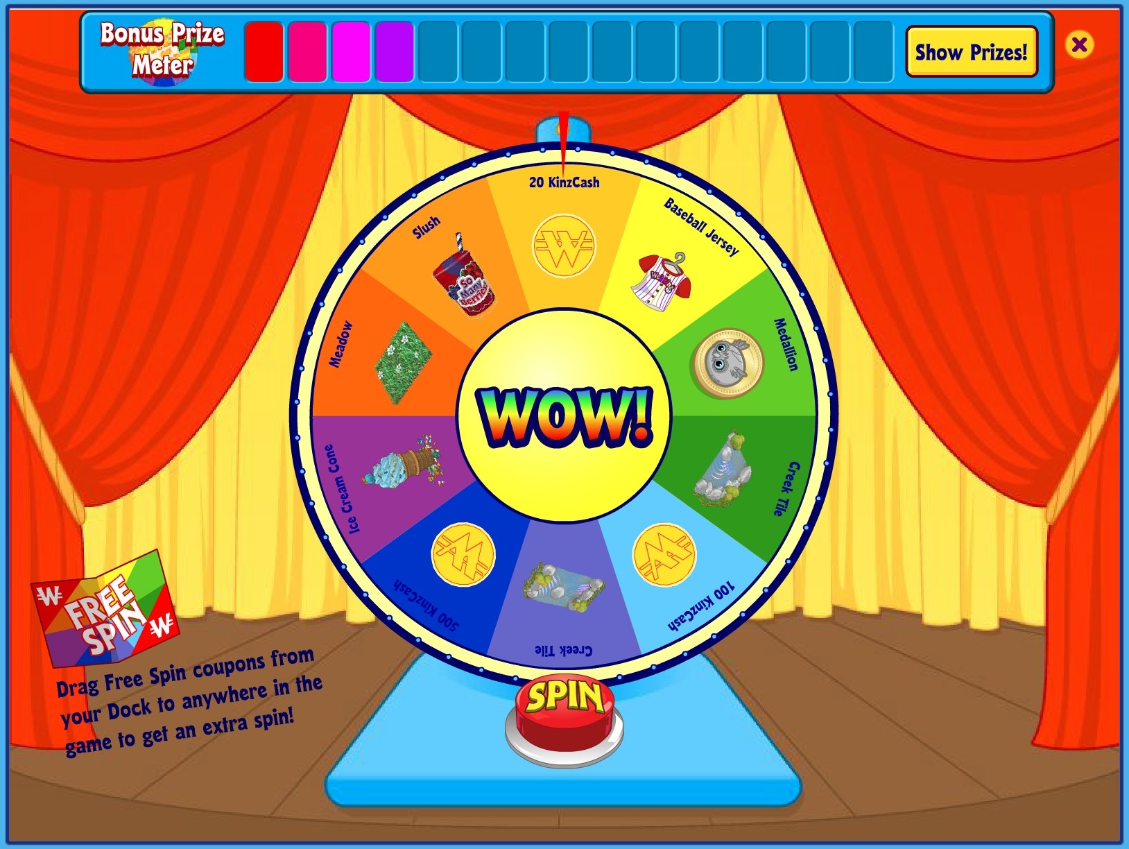 A screenshot of the Wheel of Wow, which has panded on &quot;20 KinzCash&quot;