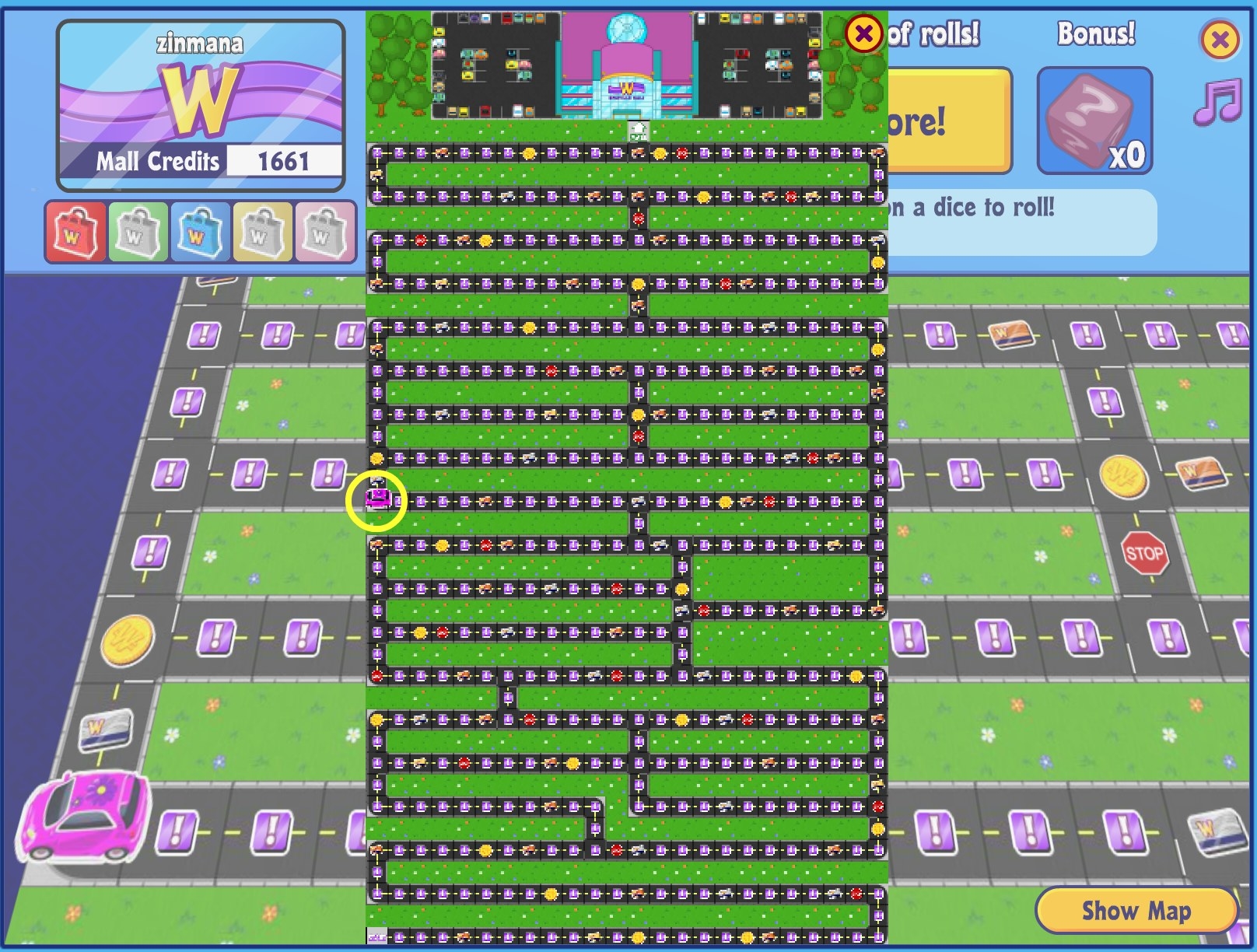 A screenshot of the game Spree! where the player moves around in a car on a game board