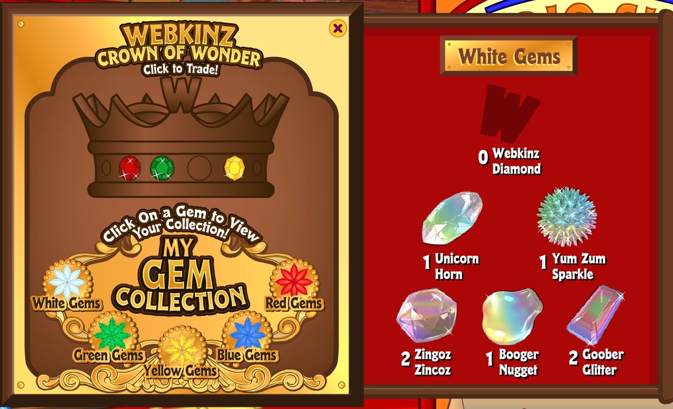 A scrreenshot of the Webkinz Crown of Wonder, which shows the player has 1 Unicorn Horn, 1 Yum Zum Sparkle, 2 Zingoz Zincoz, 1 Booger Nugget, and 2 Goober Glitters, but is missing the Webkinz Diamond