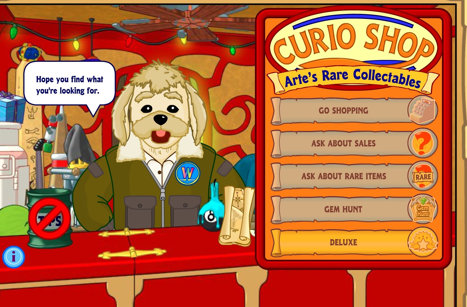 Arte, the old dog from the Curio Shop, has a speech bubble above his head that says, &quot;Hope you find what you&#x27;re looking for.&quot;