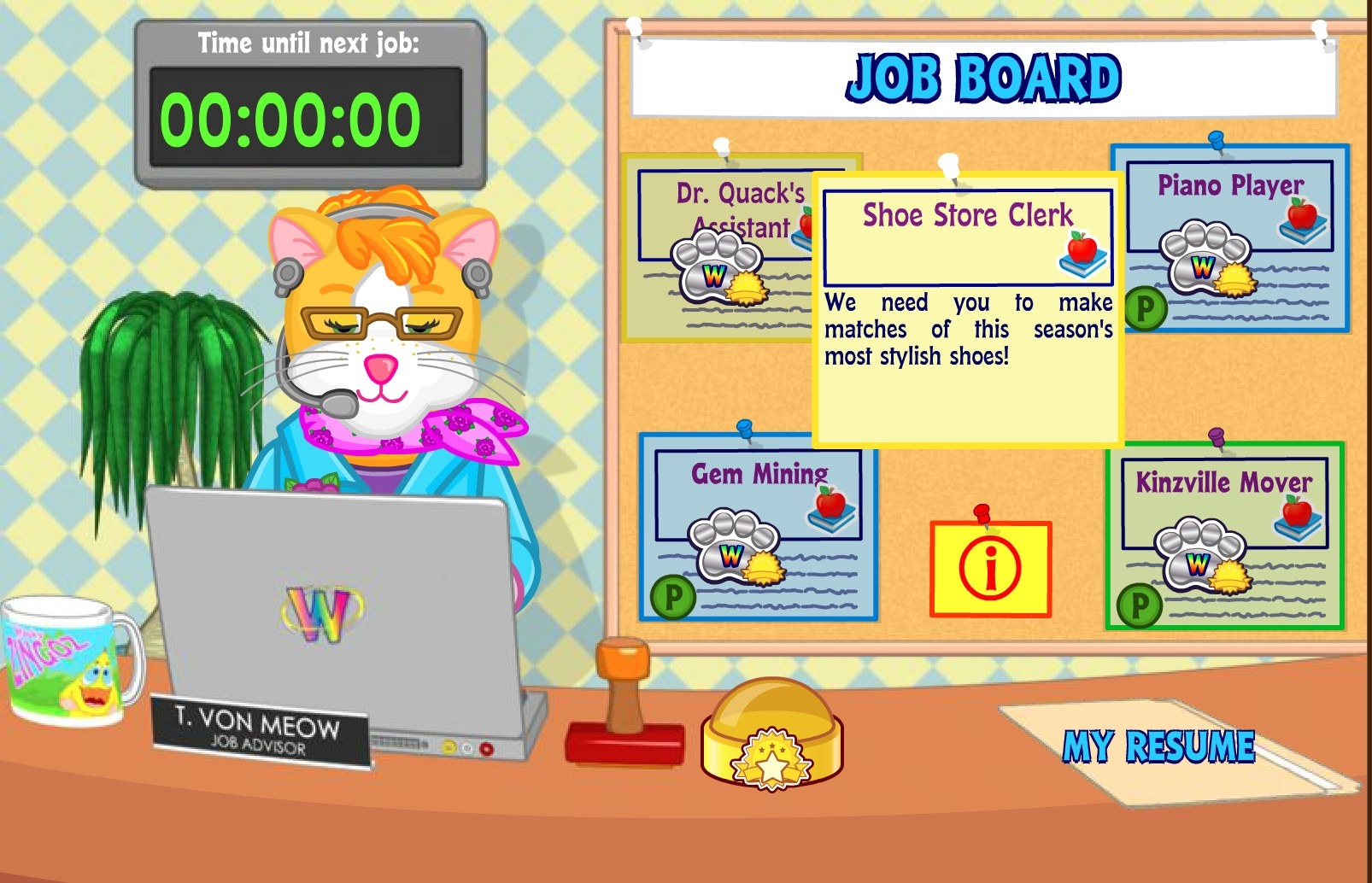 An orange cat named T. Von Meow sits in front of a laptop at her desk wearing a headpiece next to a job board