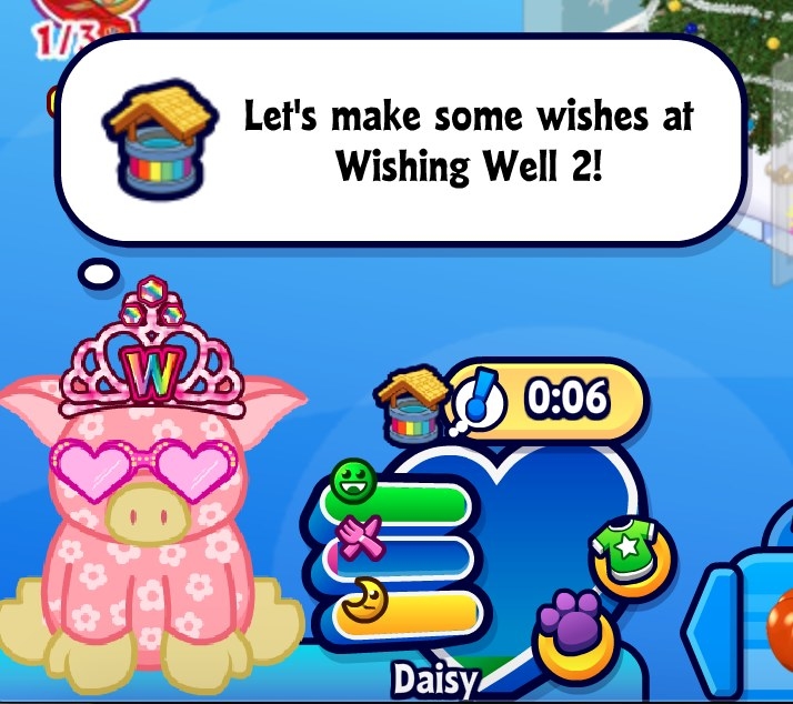 Daisy, the floral pinj big has a thought bubble over their head that says, &quot;Let&#x27;s make some wishes at Wishing Well 2!&quot;