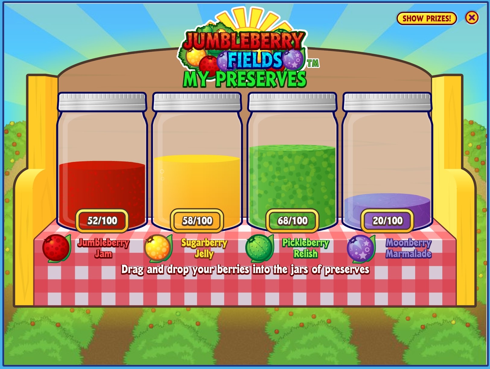 A screenshot of Jumbleberry Fields preserves, which shows the player has 52/100 Jumbleberries, 58/100 Sugarberries, 68/100 Pickleberries, and 20/100 Moonberries