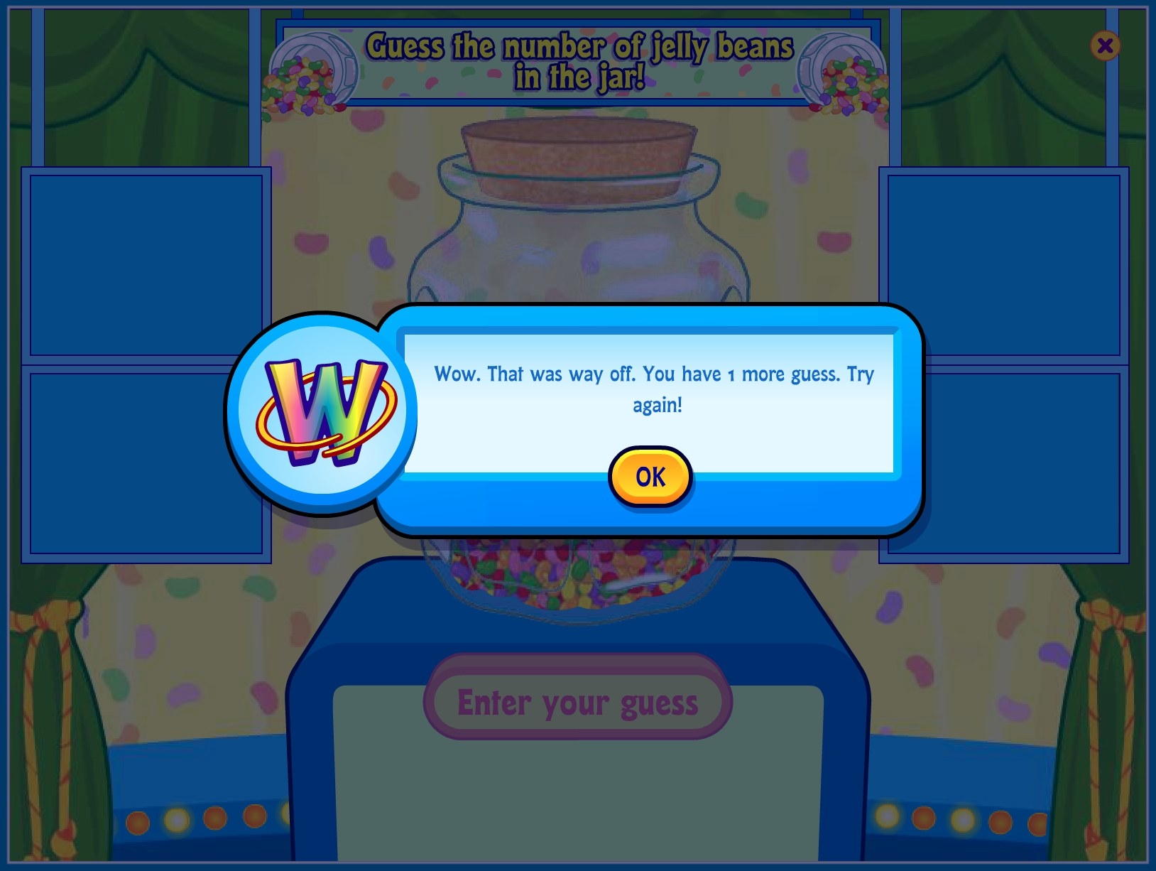 A screenshot of a jellybean guessing game with a pop up that says, &quot;Wow. That was way off. You have 1 more guess. Try again!&quot;