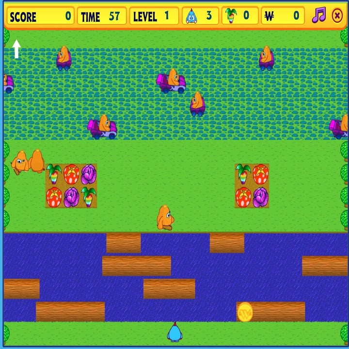 A screenshot of Zacky's Quest Home, where the creature has to cross the river on logs