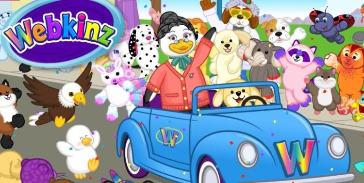A bunch of Webkinz gather around a bright Webkinz car and jump up and down and celebrate