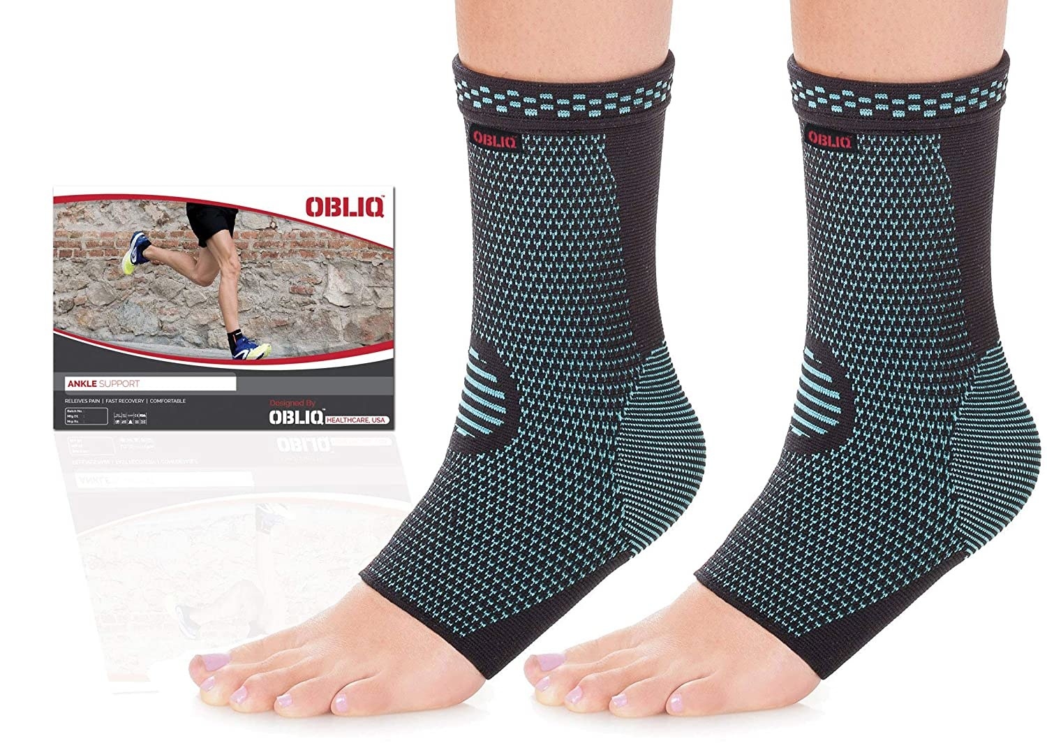 Blue compression foot sleeves on some legs and an inset image of a person running.