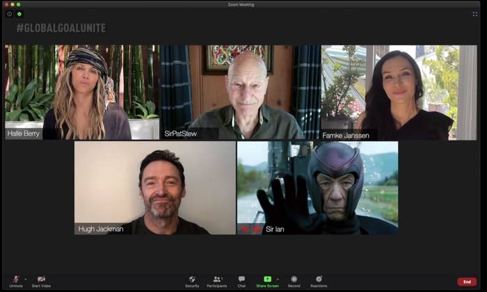 Halle Berry, Patrick Stewart, Famke Janssen, and Hugh Jackman on a video call. There is a photo of Ian McKellen. 