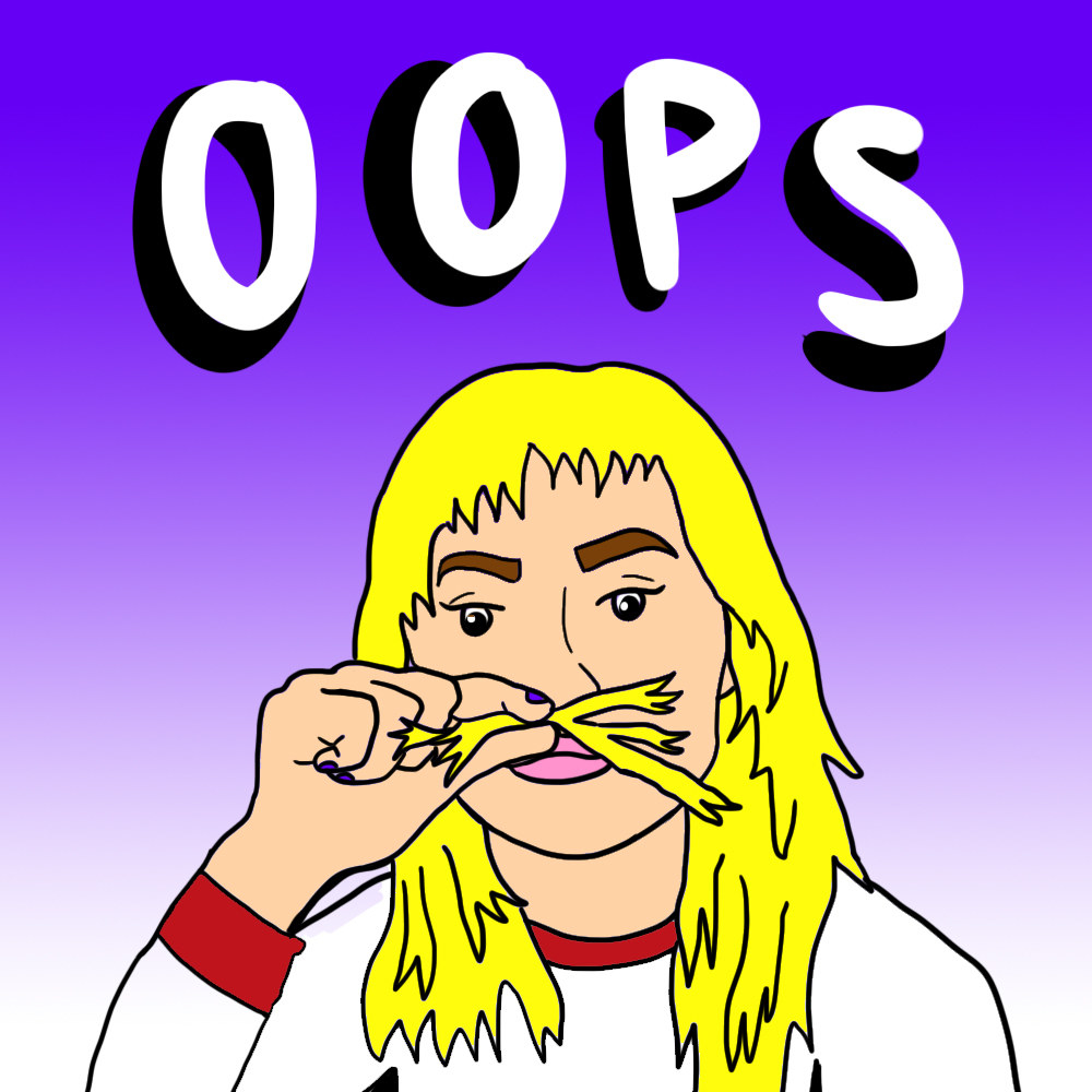 A girl with uneven bangs down to her mid-forehead holding loose hair over her lip like a mustache with &quot;Oops&quot; written above her head