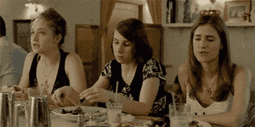 Shoshanna, Jessa, and Marni from &quot;Girls&quot; on HBO eating brunch at a restaurant
