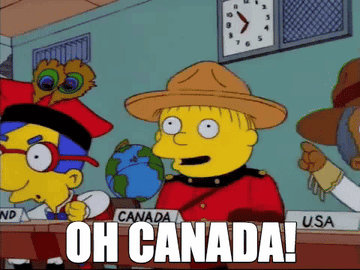Ralph Wiggum from The Simpons dressed as a Canadian Mountie saying Oh Canada