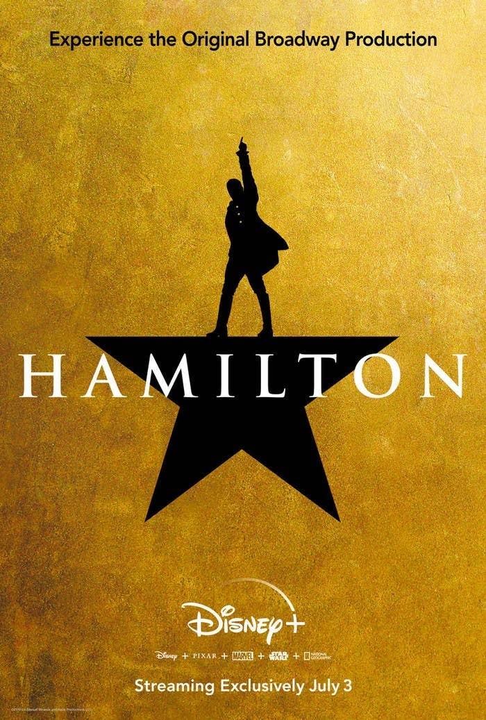 a gold poster advertising Hamilton coming to Disney+