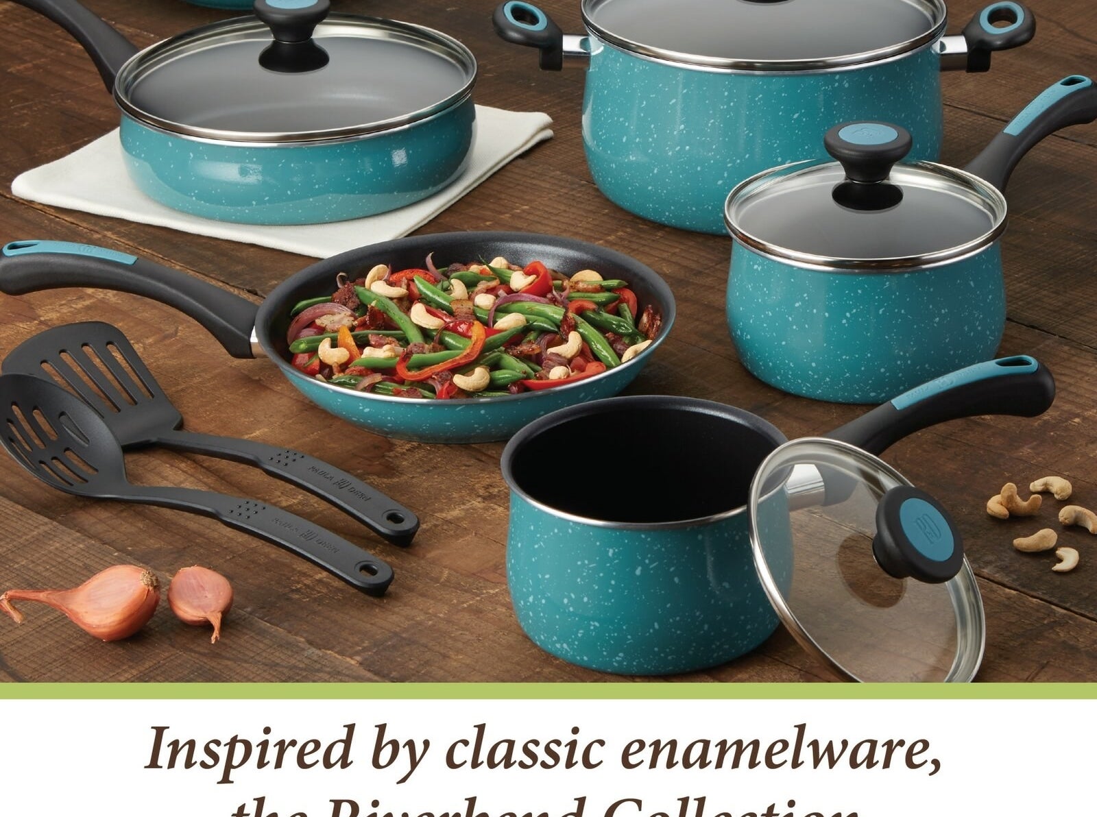The cookware set in teal with speckled porcelain exterior