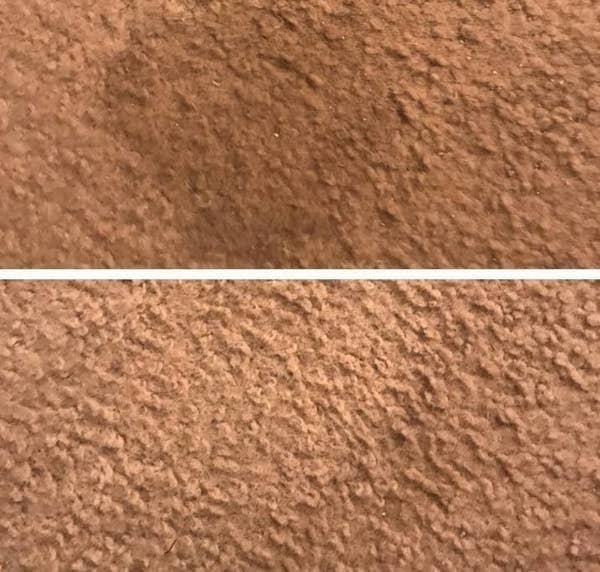 On the top, a stain on a carpet, and on the bottom, the same carpet now stain-free