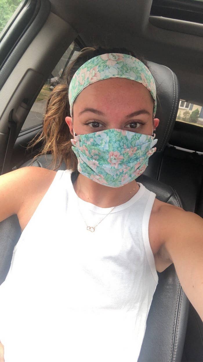 A person wearing the matching mask and headband.