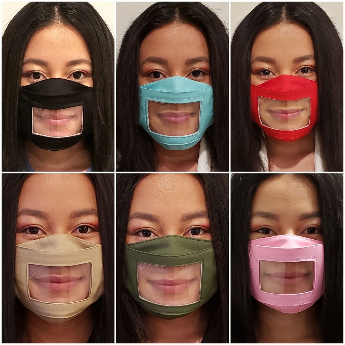 A series of photos of a model wearing the mask in different colors.