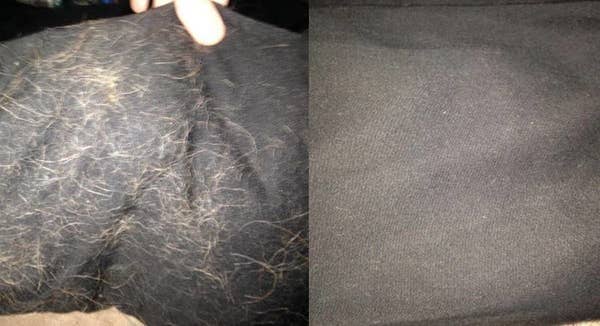 On the left, a piece of fabric covered in dog fur, and on the right, the same fabric now clear of dog hair/fur