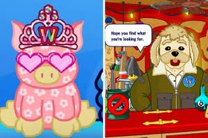 On the left, a pink, floral pig Webkinz wears heart-shaped sunglasses a webkinz crown, and on the right, Arte from the curio shop has a speech bubble that says "Hope you find what you're looking for"