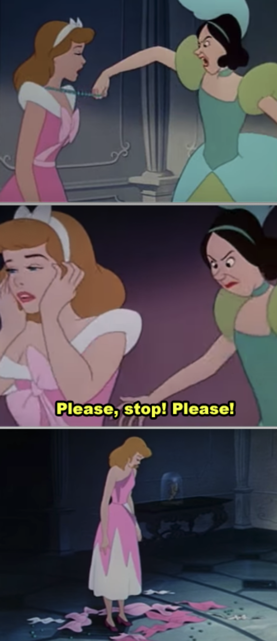Step sisters tearing Cinderella&#x27;s dress as she yells at them to stop