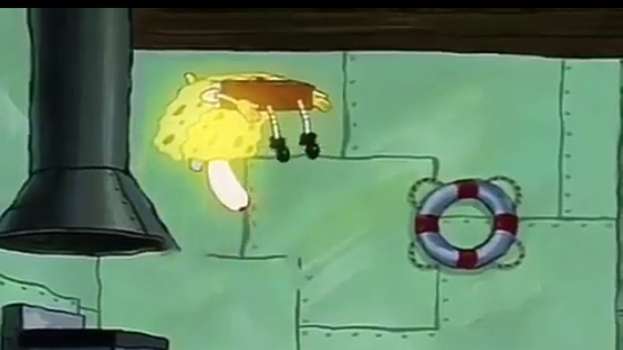 Spongebob levitates in the kitchen of the Krusty Krab.