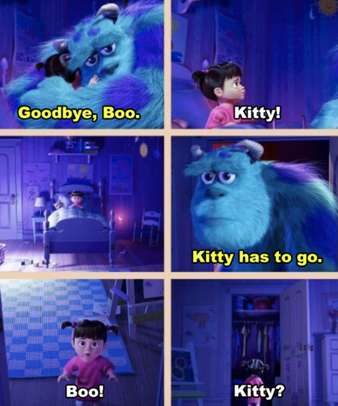 Sulley hugging Boo in her room and then exiting through her closet door