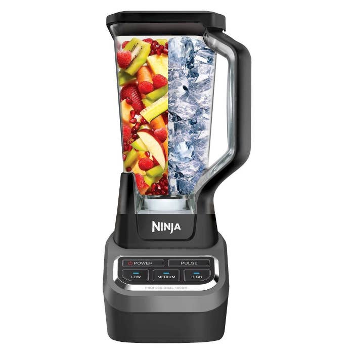 a black ninja blender with silver accents