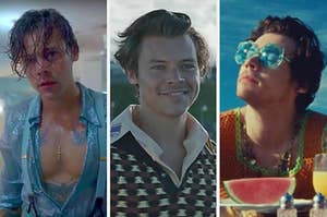 On the left, Harry Styles stands with wet hair in the "Lights Up" music video, in the middle, he smiles in the "Adore You" music video, and on the right, he wears big sunglasses and sits in the sun in the "Watermelon Sugar" music video