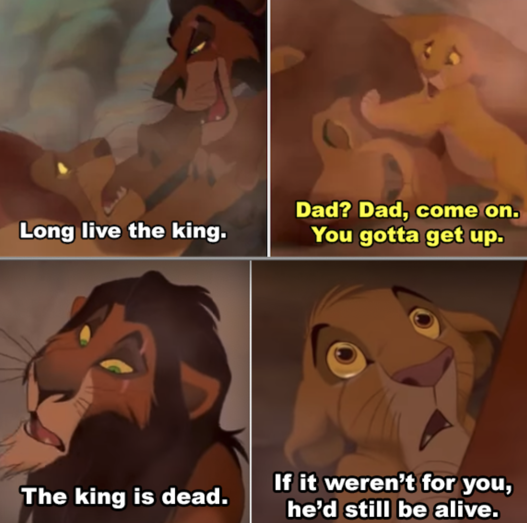 Simba trying to wake up Mufasa&#x27;s lifeless body