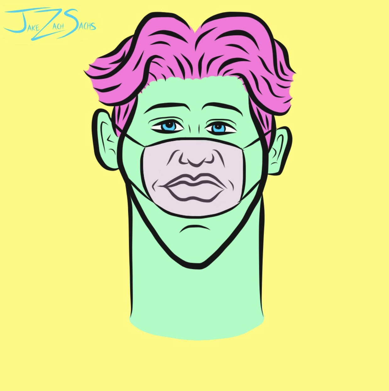 illustration of a person wearing a face mask. you can see through the mask that they&#x27;re not smiling