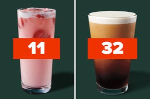 A pink drink labeled "11" next to a nitro cold brew labeled "32"