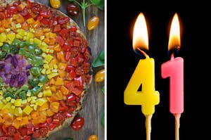 On the left, a pizza filled with veggies all the way around so it looks like a rainbow, and on the right, two lit candles that are the numbers 4 and 1