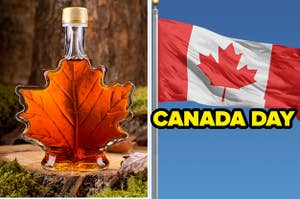 On the left, a bottle of maple syrup in the shape of a maple leaf sits on a tree stump. On the right, a Canadian flag flies in the breeze with the words CANADA DAY across the image in yellow letters.