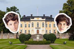 Louis and Harry's heads floating around a large mansion