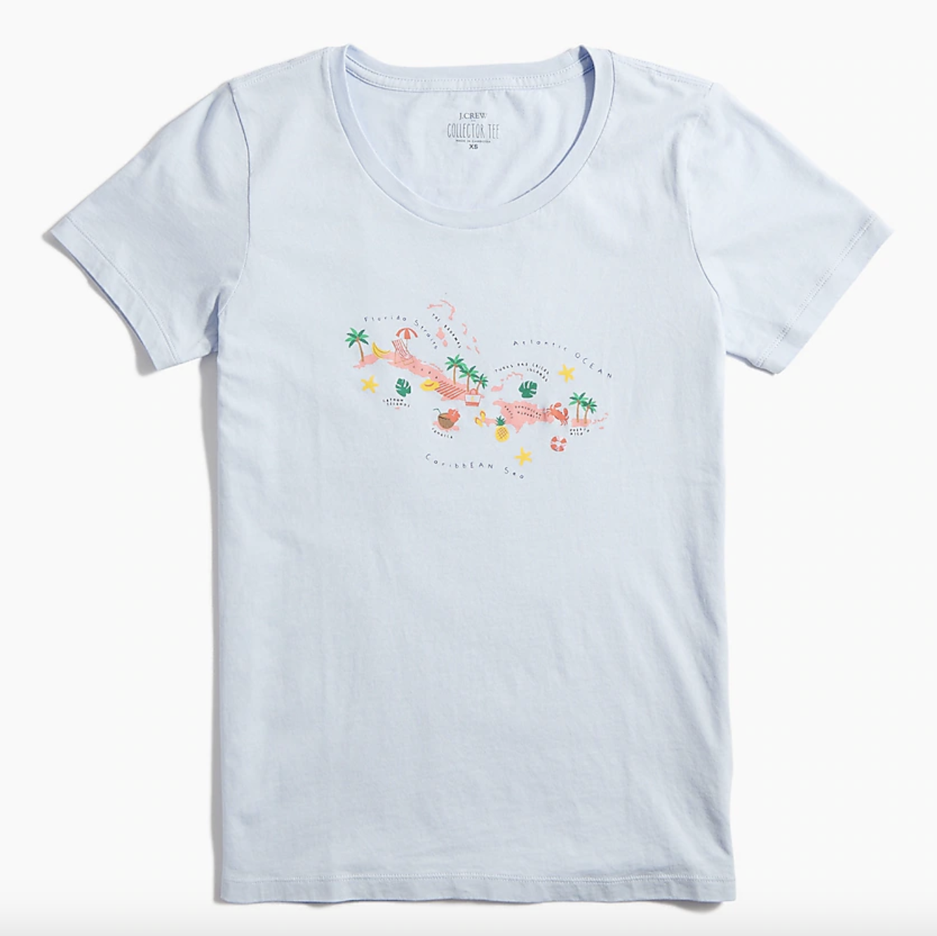 the pale blue tee, which has a cute illustrated map of the Caribbean in the center