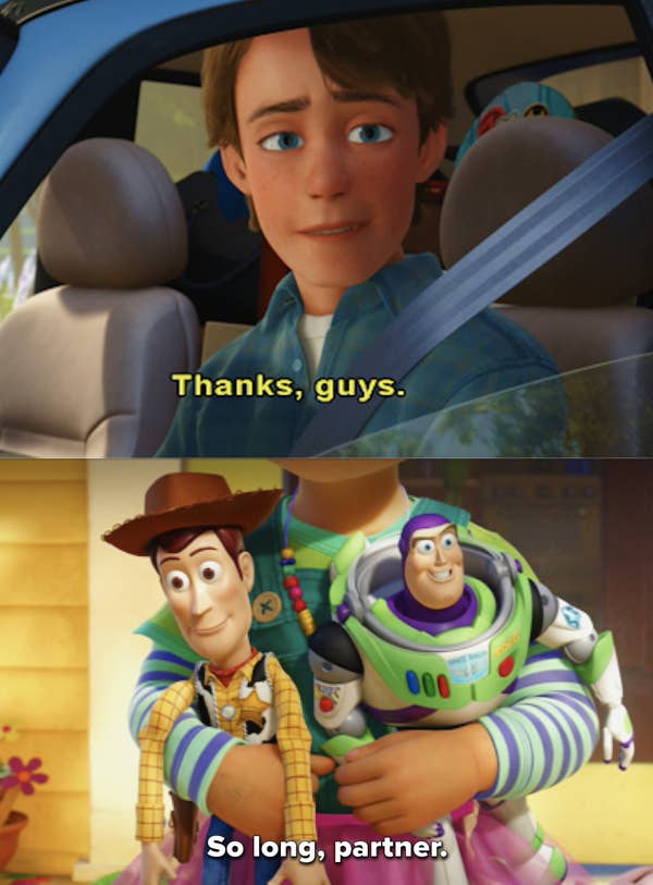 1. It is okay to grow out of your past and pass on happiness. Andy in Toy Story 3 shows this by giving all his childhood toys to Bonnie.