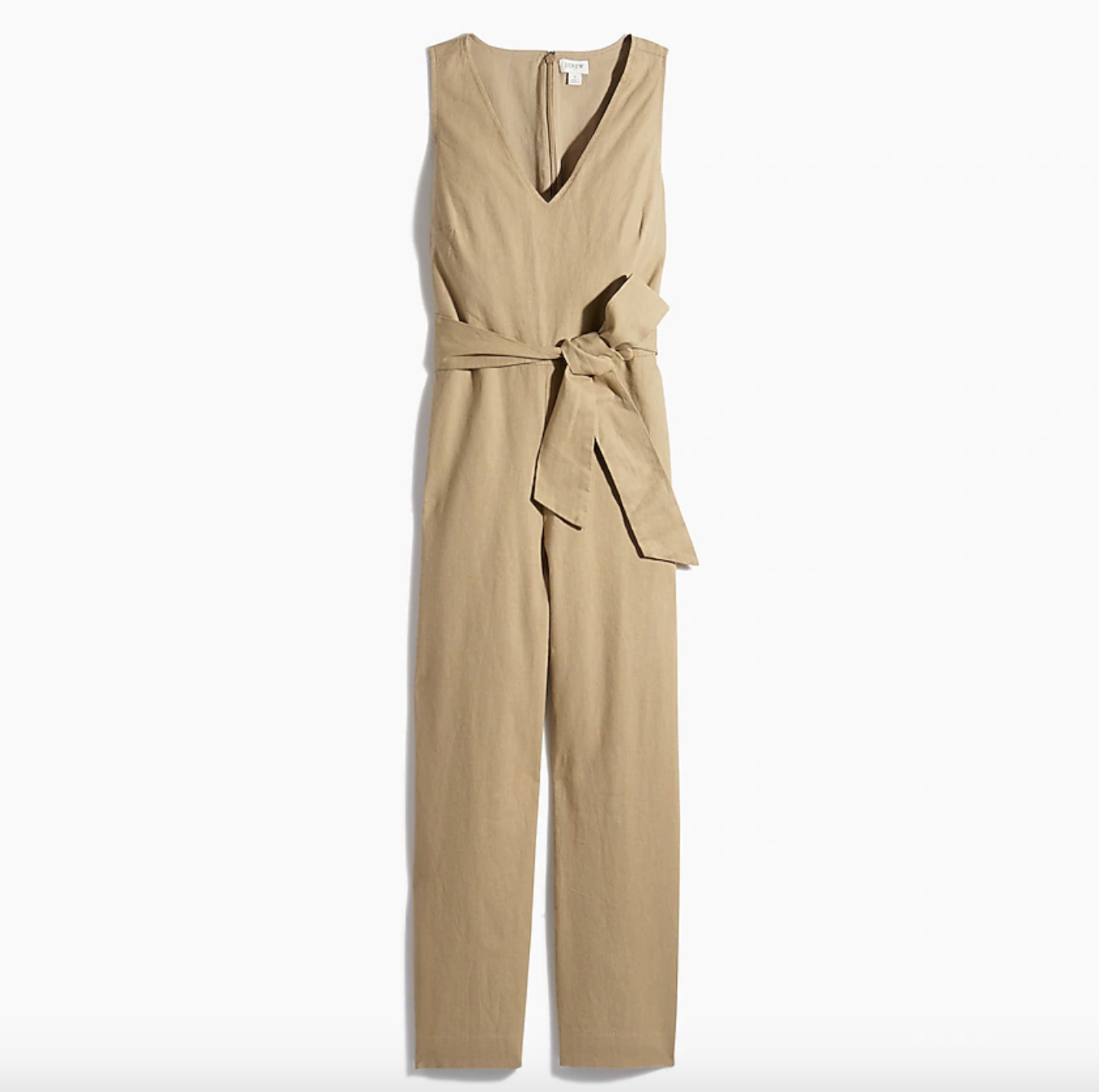 the sleeveless tan jumpsuit, which has a tie waist