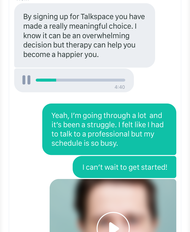 A screenshot of a text chat with a therapist via Talkspace