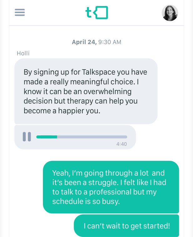 A screenshot of a text chat with a therapist via Talkspace