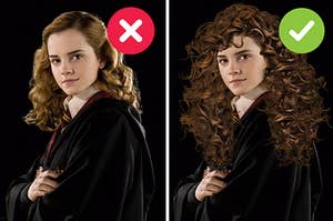 Hermione with wrong limp hair and then Hermione with correct messy hair