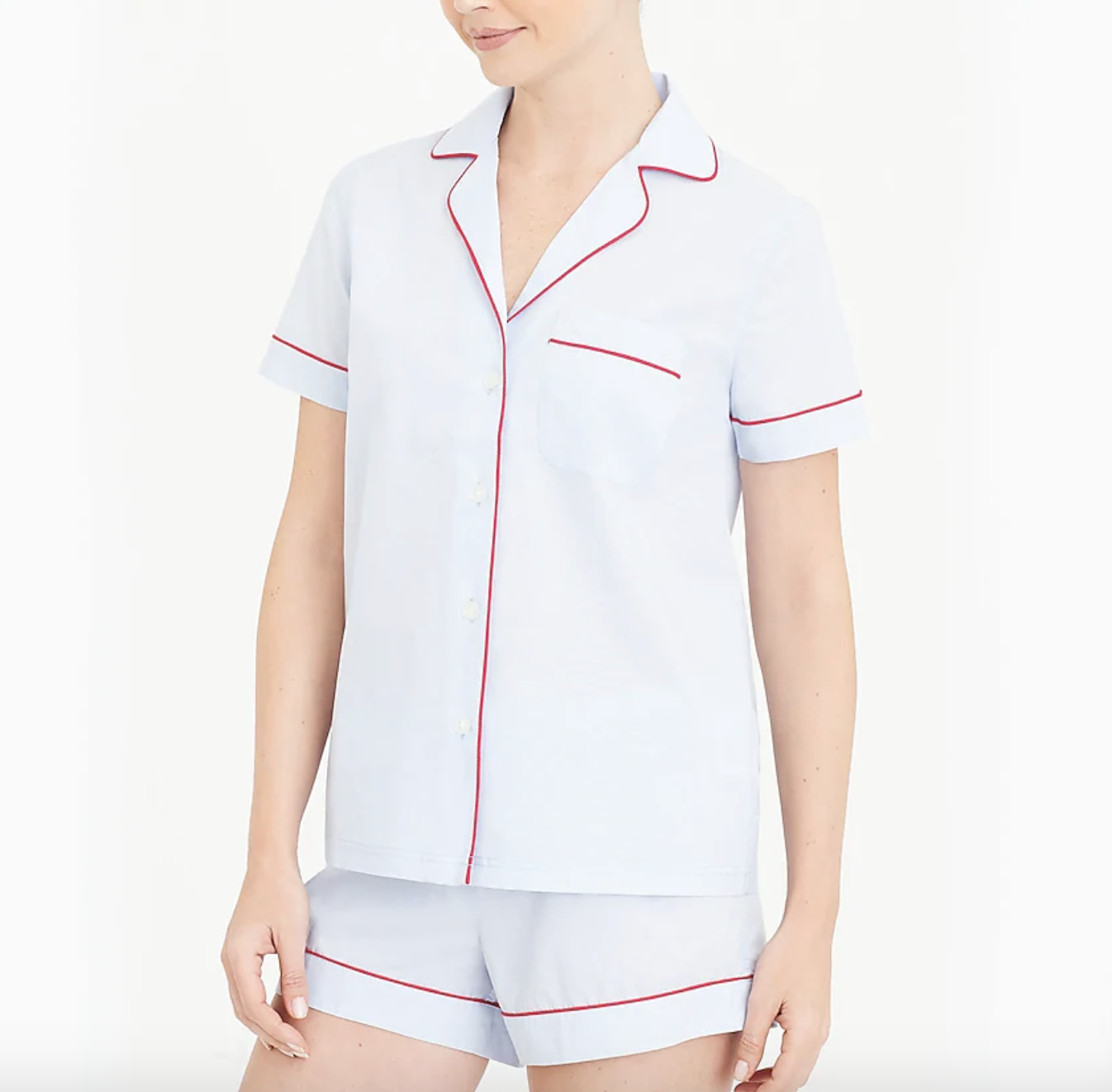 the pajama set, which consists of shorts and a short-sleeved top with fancy collar