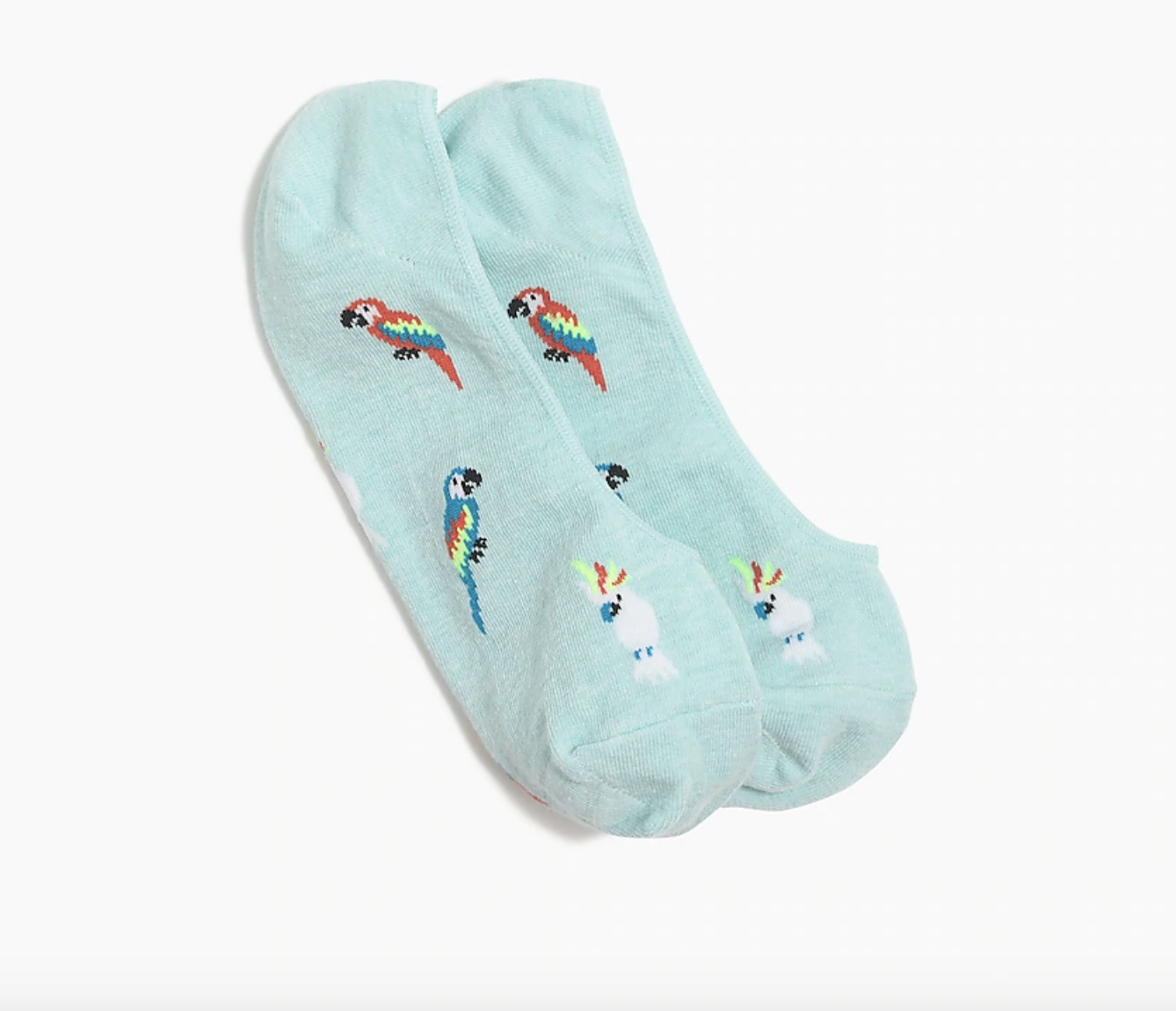 the turquoise socks, which have different color parrots on them