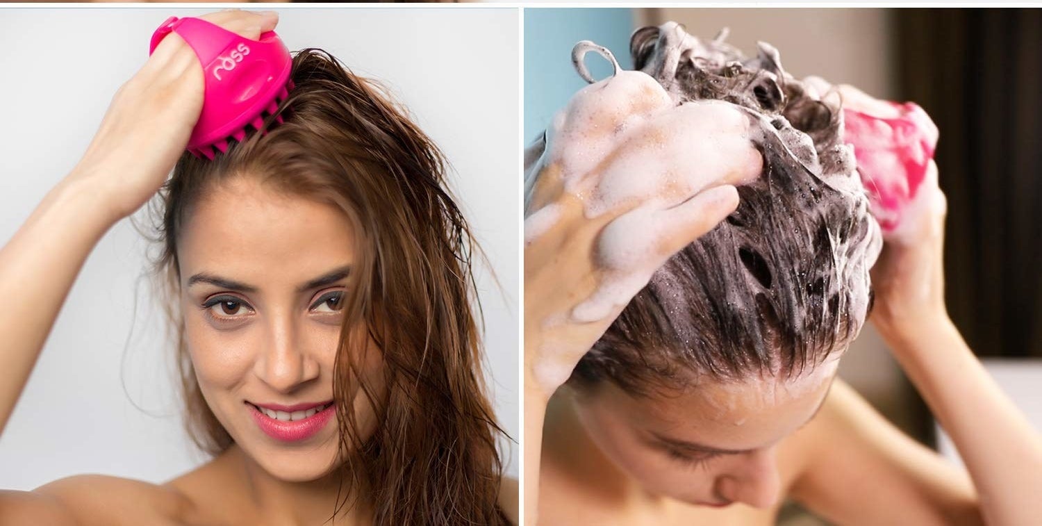 A person using the brush to shampoo their hair.