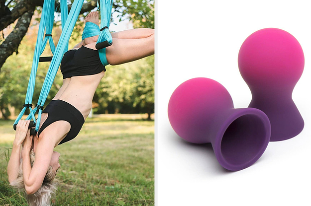 split thumbnail with person in aerial yoga swing, pink and purple hourglass-like nipple suckers