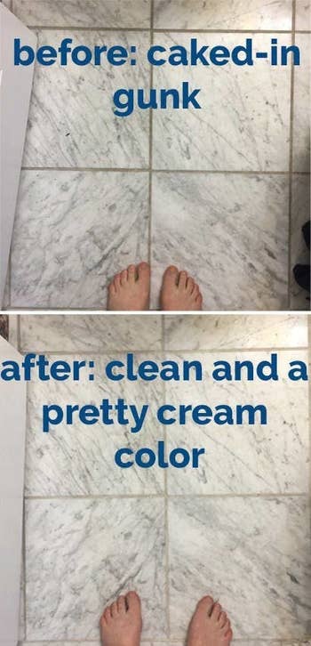 (top) A before shot of BuzzFeed Editor, Natalie Brown's tiles caked in gunk (bottom) The same tiles now gunk-free after using the power scrubber