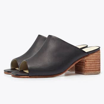 peep toe mules with wooden heel and black leather top 