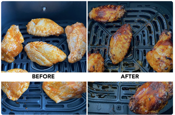 Some chicken wings before and after cooking in the fryer