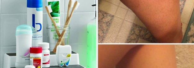 On the left, a three-tiered bathroom organizer. On the right, before-and-after photos of a reviewer's leg with and without razor bumps